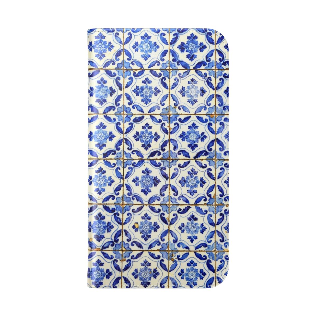 A flip cover phone case featuring a vibrant blue and white floral pattern inspired by traditional Portuguese tiles. - Folded Back