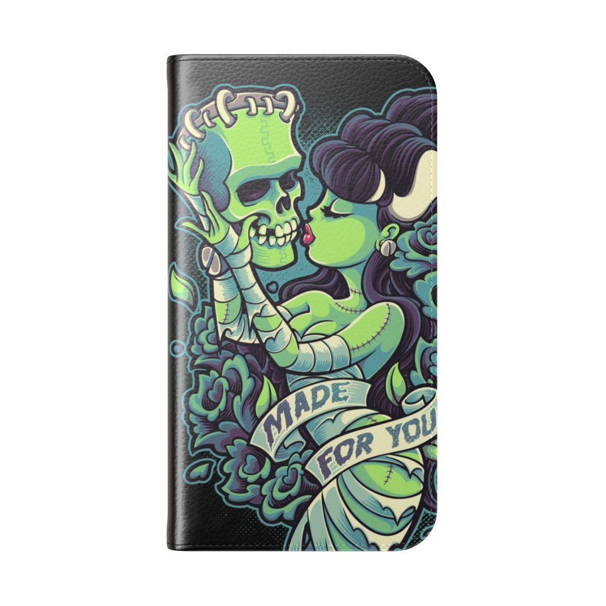 Retro-styled flip cover phone case with horror-inspired graphics including skulls, roses, and a heart design. - Folded Back