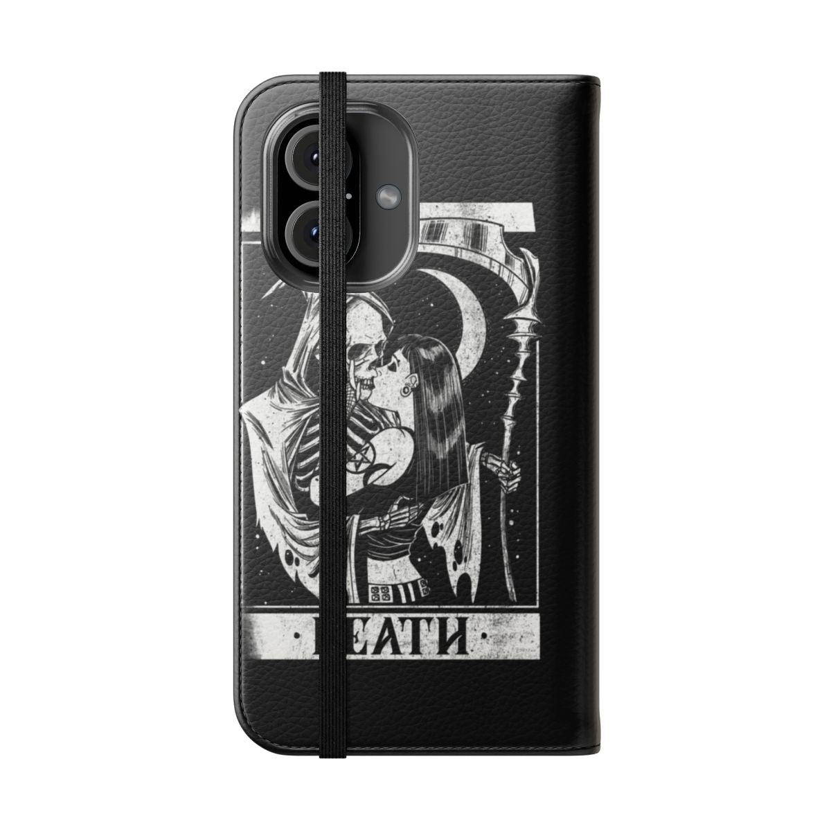 Vintage-style gothic phone case with Grim Reaper tarot card design - Folded Front