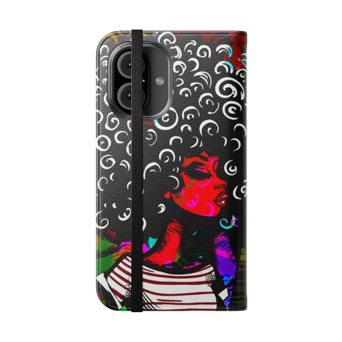 Vibrant vintage-style portrait of a woman on an apple phone flip cover case. - Folded Front