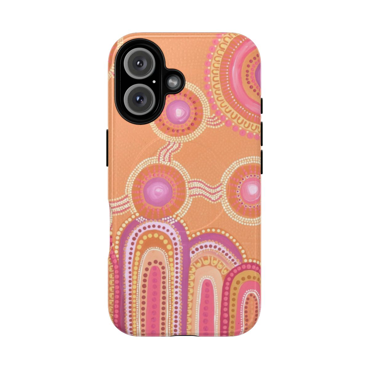 Colourful aboriginal-inspired magnetic tough phone case featuring sunset-inspired dot painting design