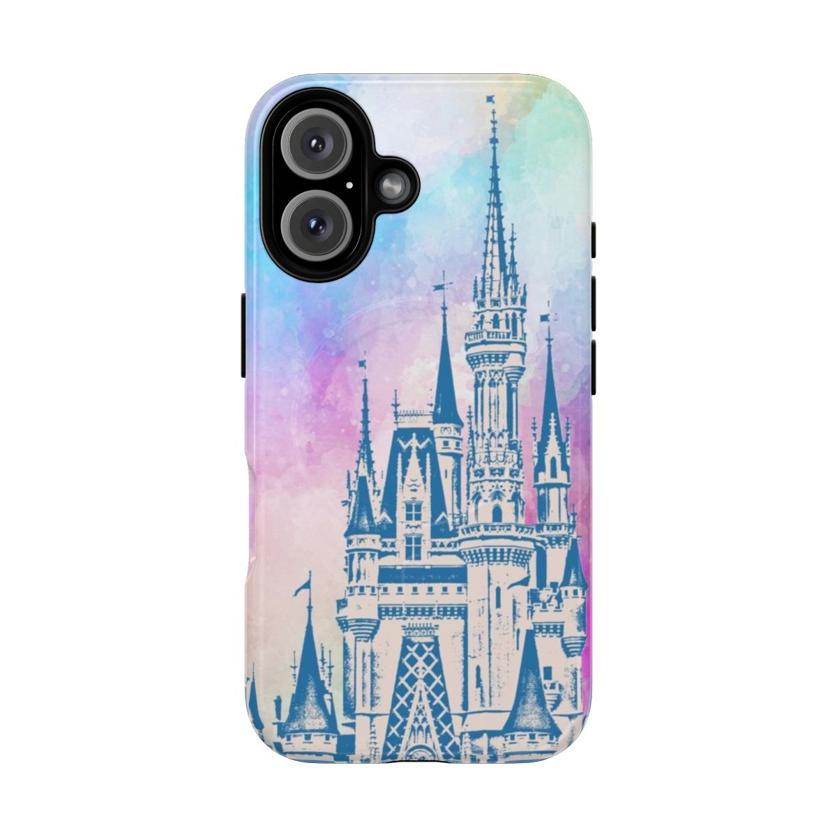 A vibrant and whimsical watercolor phone case featuring a silhouette of a Disney castle.