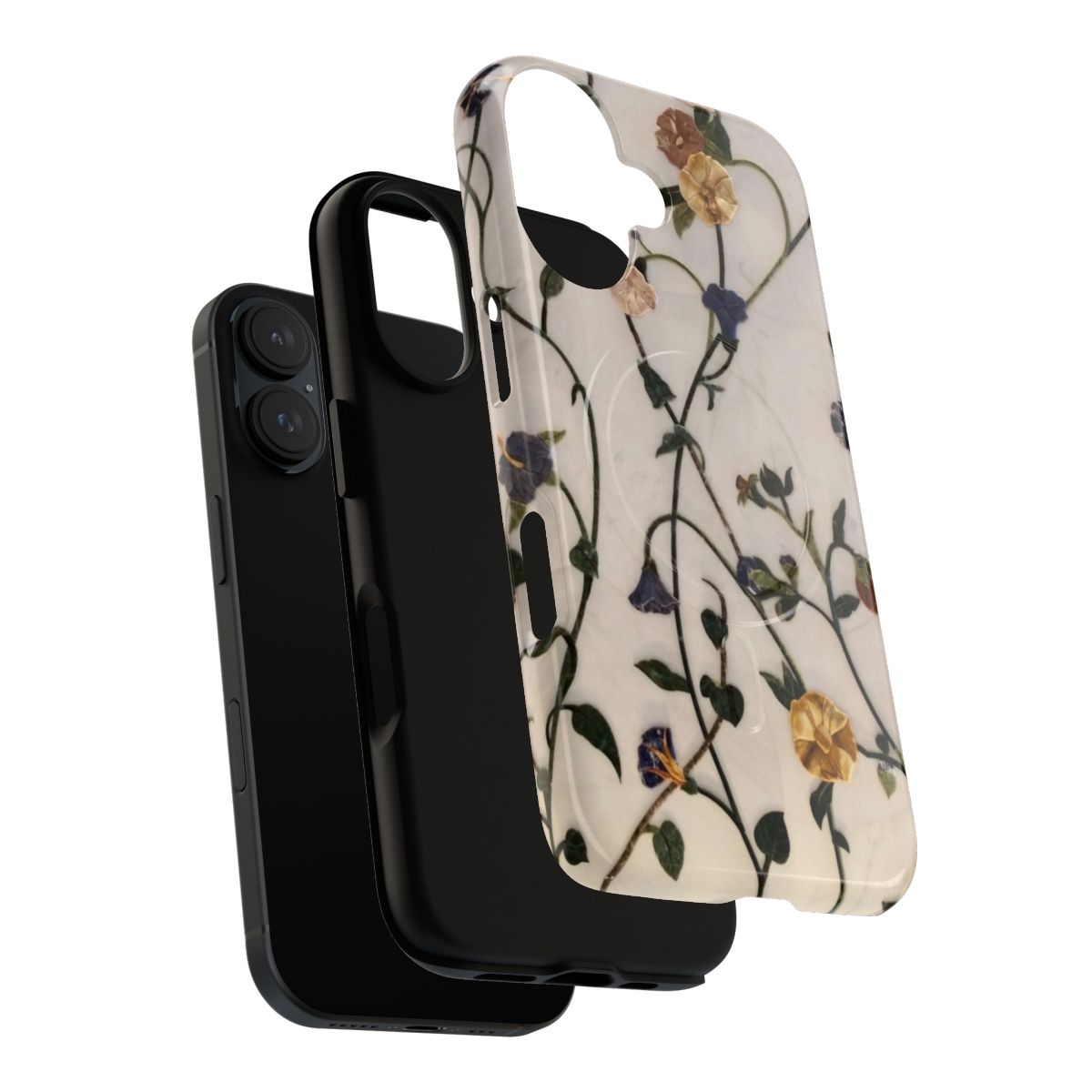 Inlaid wall magnetic tough phone case with floral and marble design - Layers