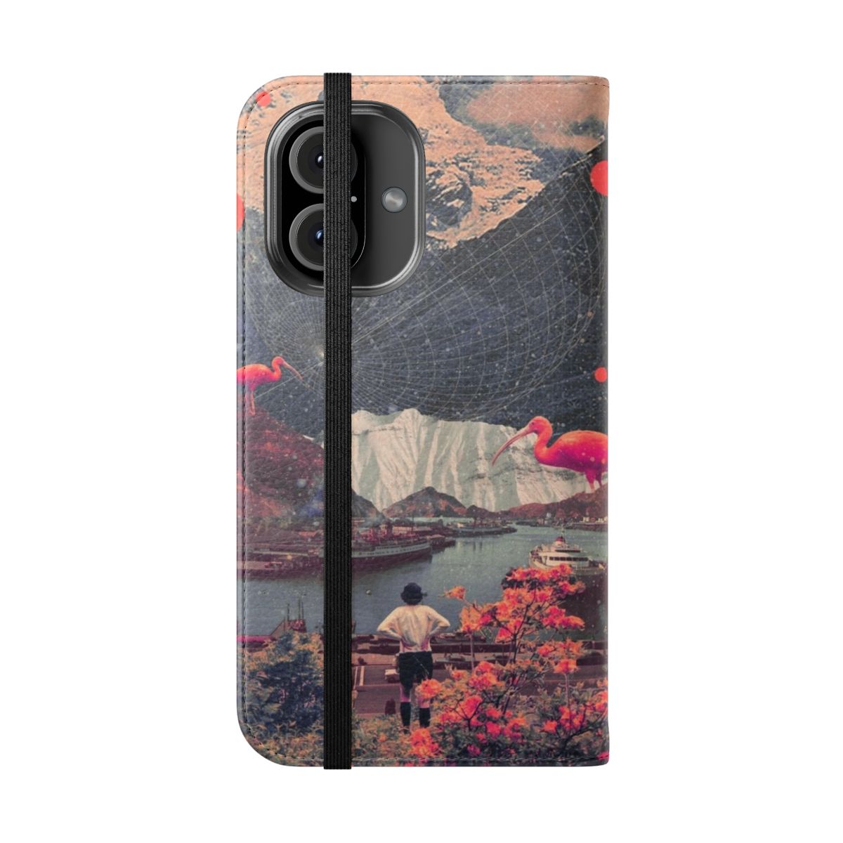 Flip cover phone case with surreal landscape design featuring mountains, flamingos, and a woman - Folded Front