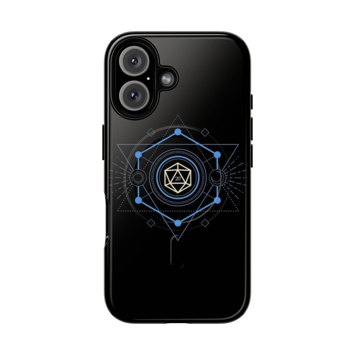 Geometric minimalist blue polyhedral d20 dice on a magnetic phone case