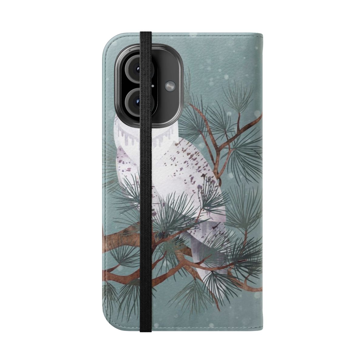 Snowy winter landscape design on a phone case with pine needles, owls, and icy textures. - Folded Front