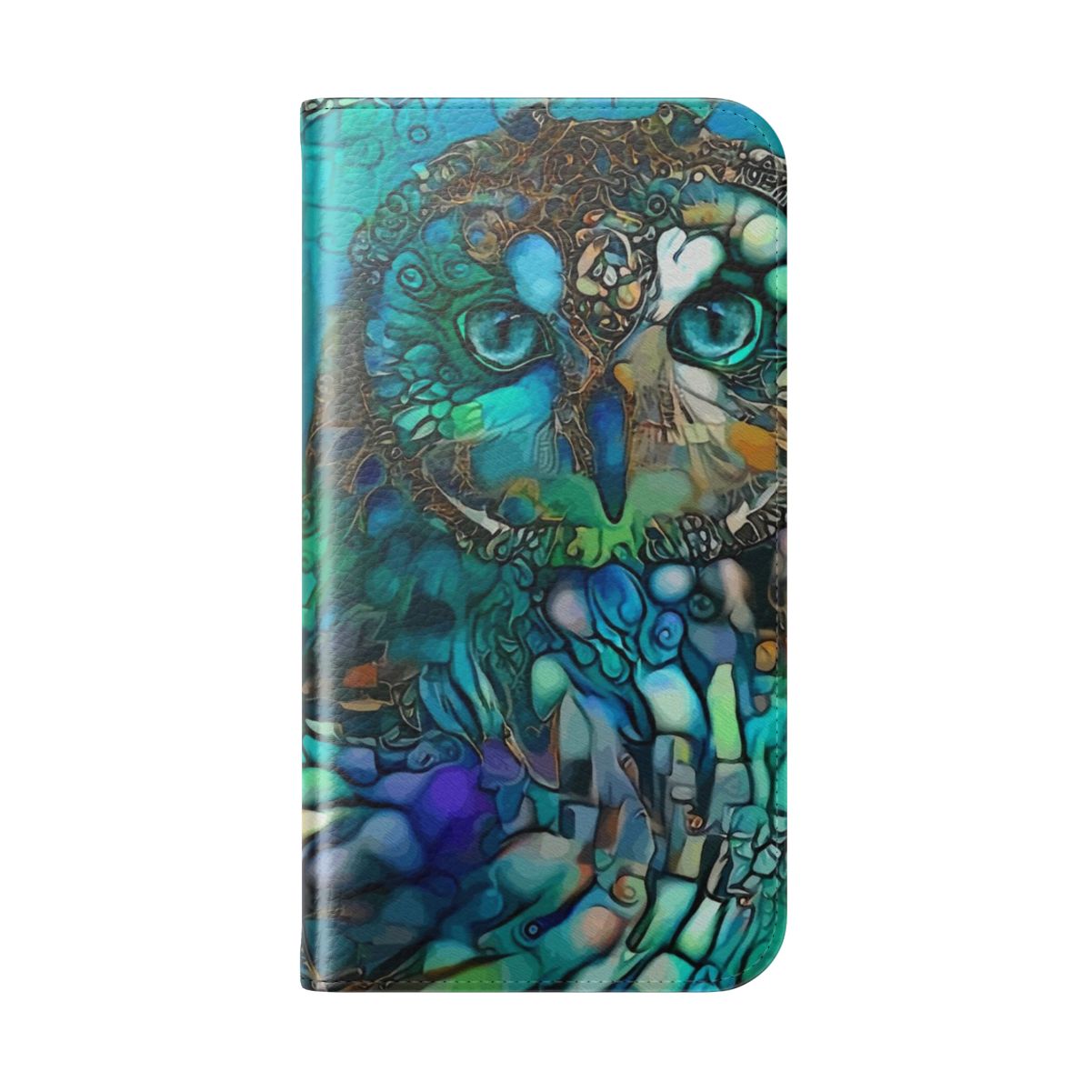 A stylish phone case featuring a vibrant green night owl painting by artist Lea Roche. - Folded Back