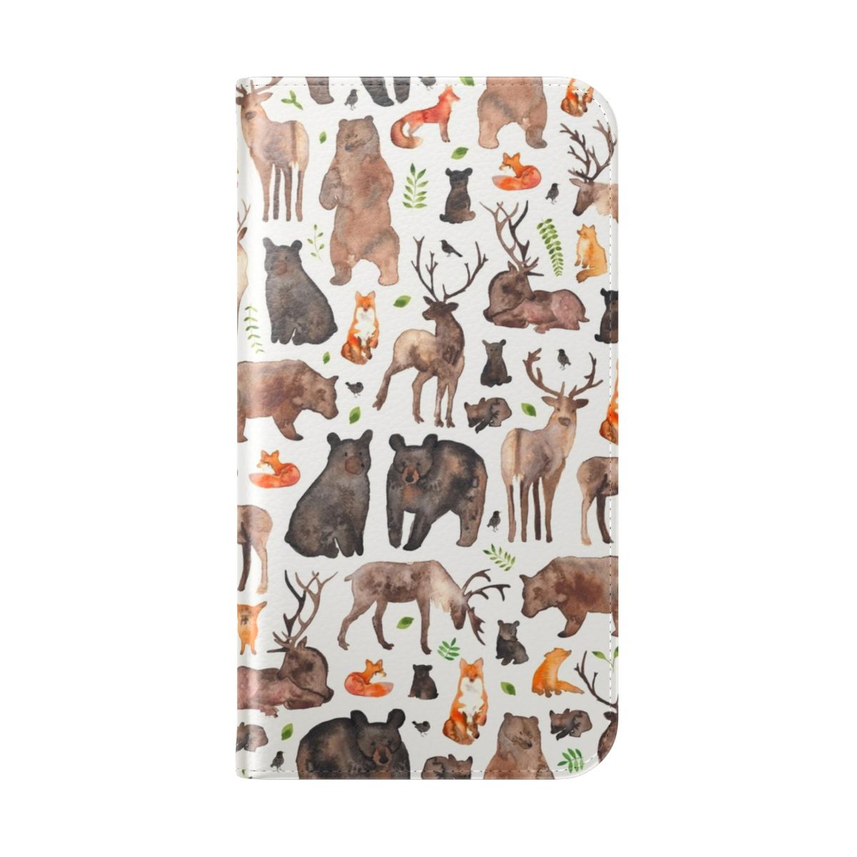 Watercolor illustration of woodland animals including fox, bear, and deer on a phone case cover - Folded Back