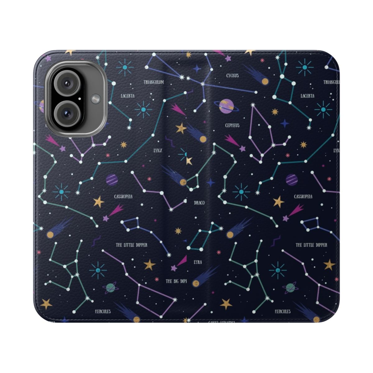 A phone case featuring a starry night sky, planets, and constellations