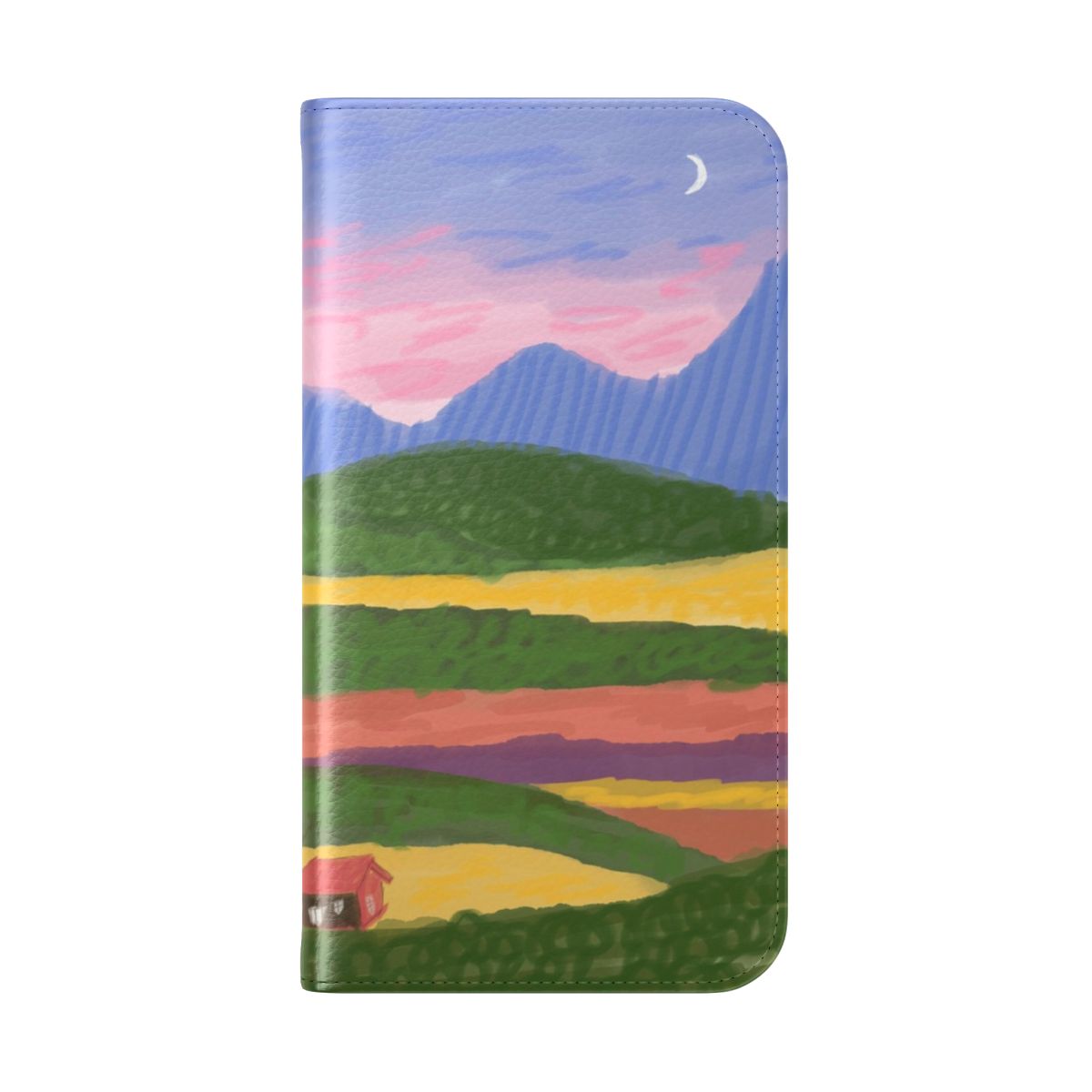 Colorful mountains and tiny house landscape art printed on a phone case - Folded Back