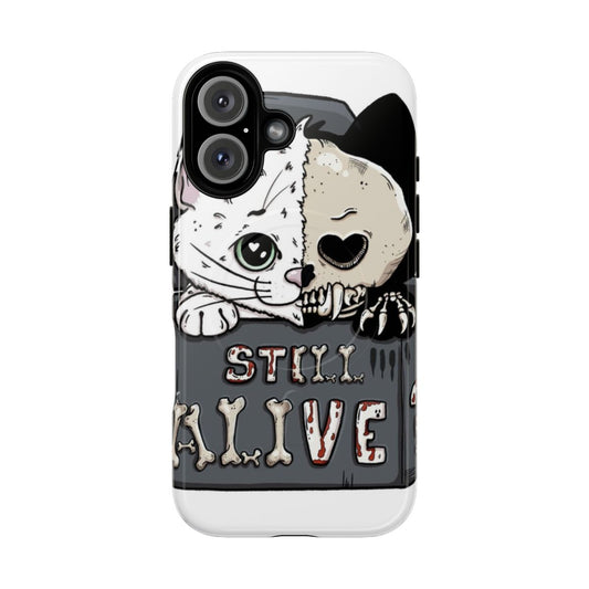 Magnetic phone case with a spooky cat skeleton design in a creepy cute, whimsical style.