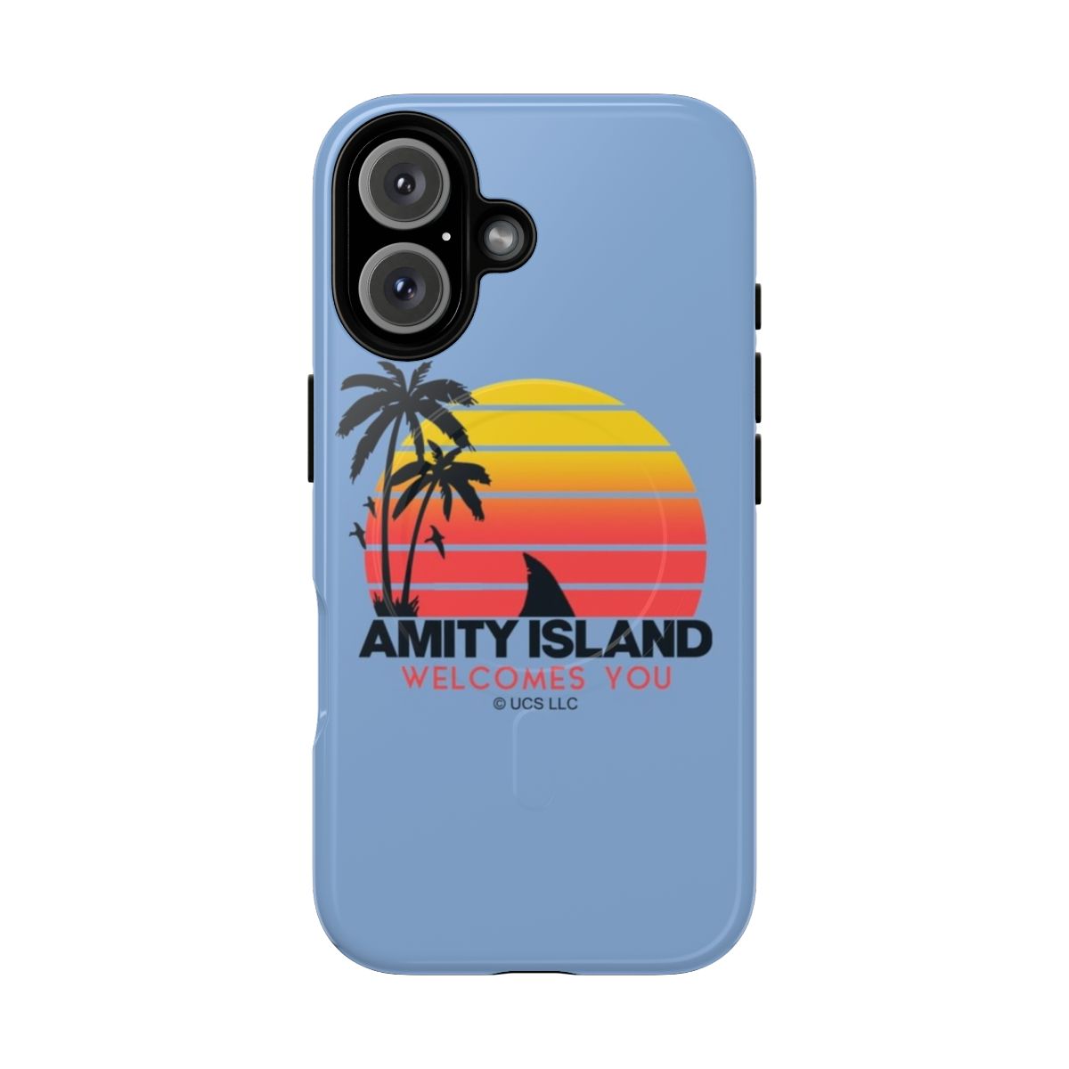 Retro-style phone case featuring the Jaws movie logo and Amity Island text