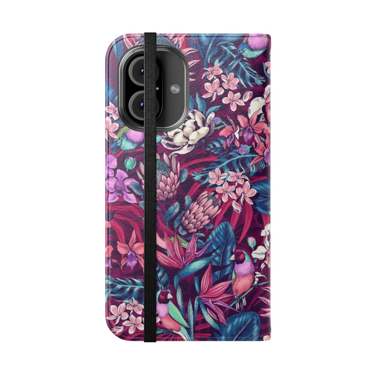 Colorful tropical bird and floral print phone case with flip stand cover - Folded Front