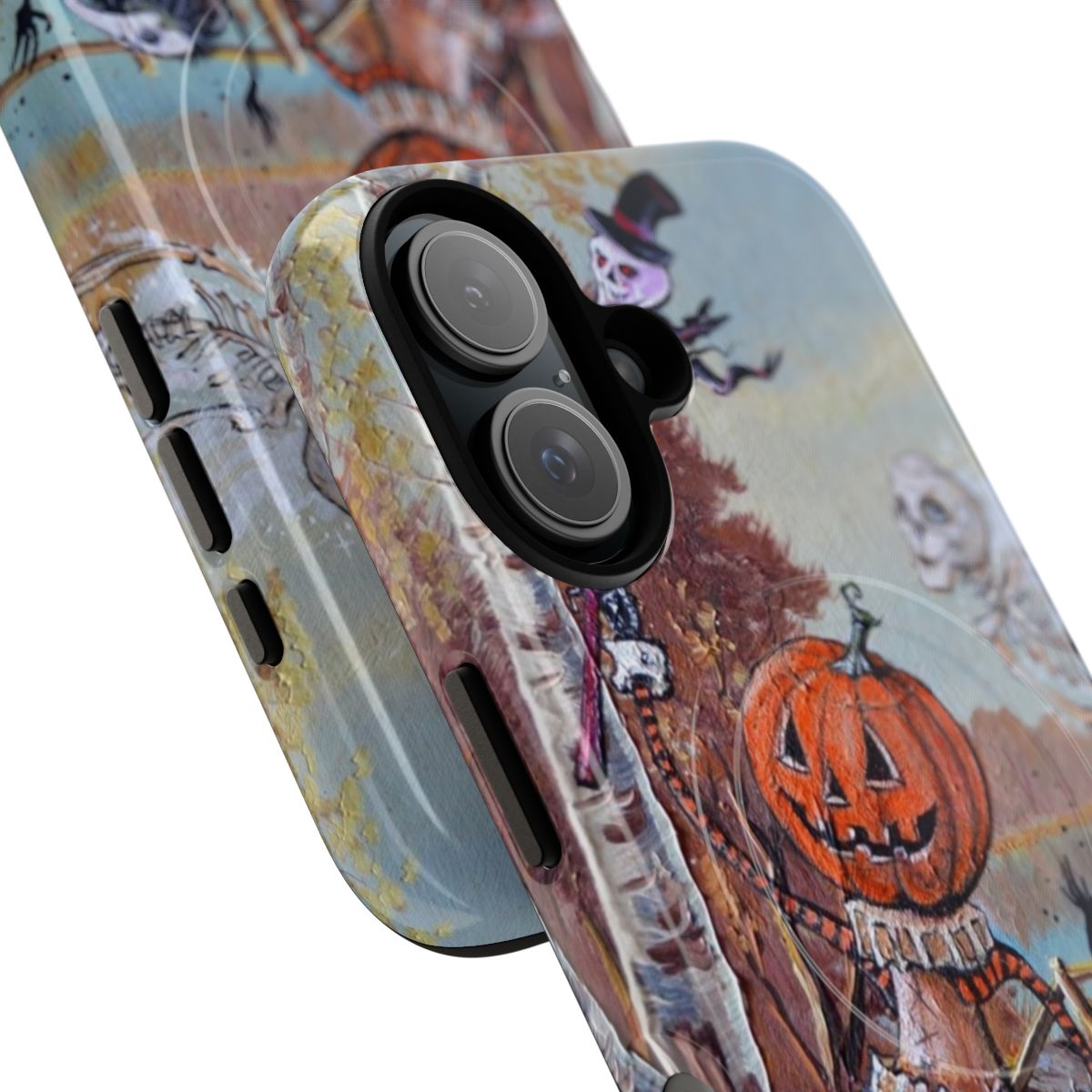 Spooky and supernatural themed phone case with pumpkins, ghosts, and monsters - Detail