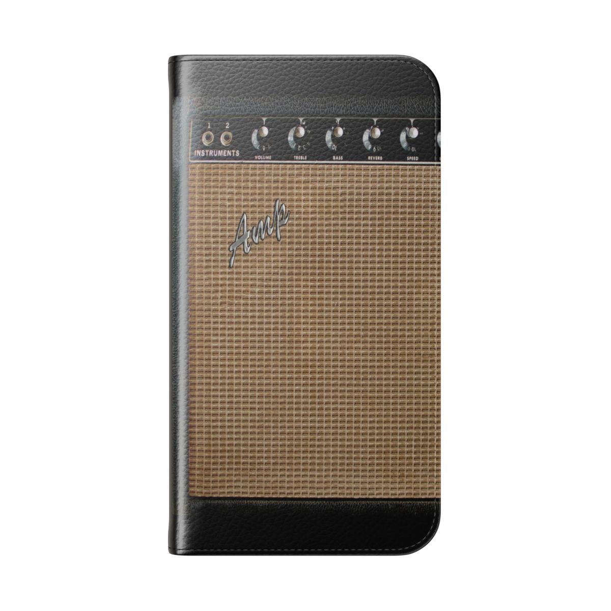 Flip cover phone case with a guitar amplifier design, great for musicians and guitar players. - Folded Back