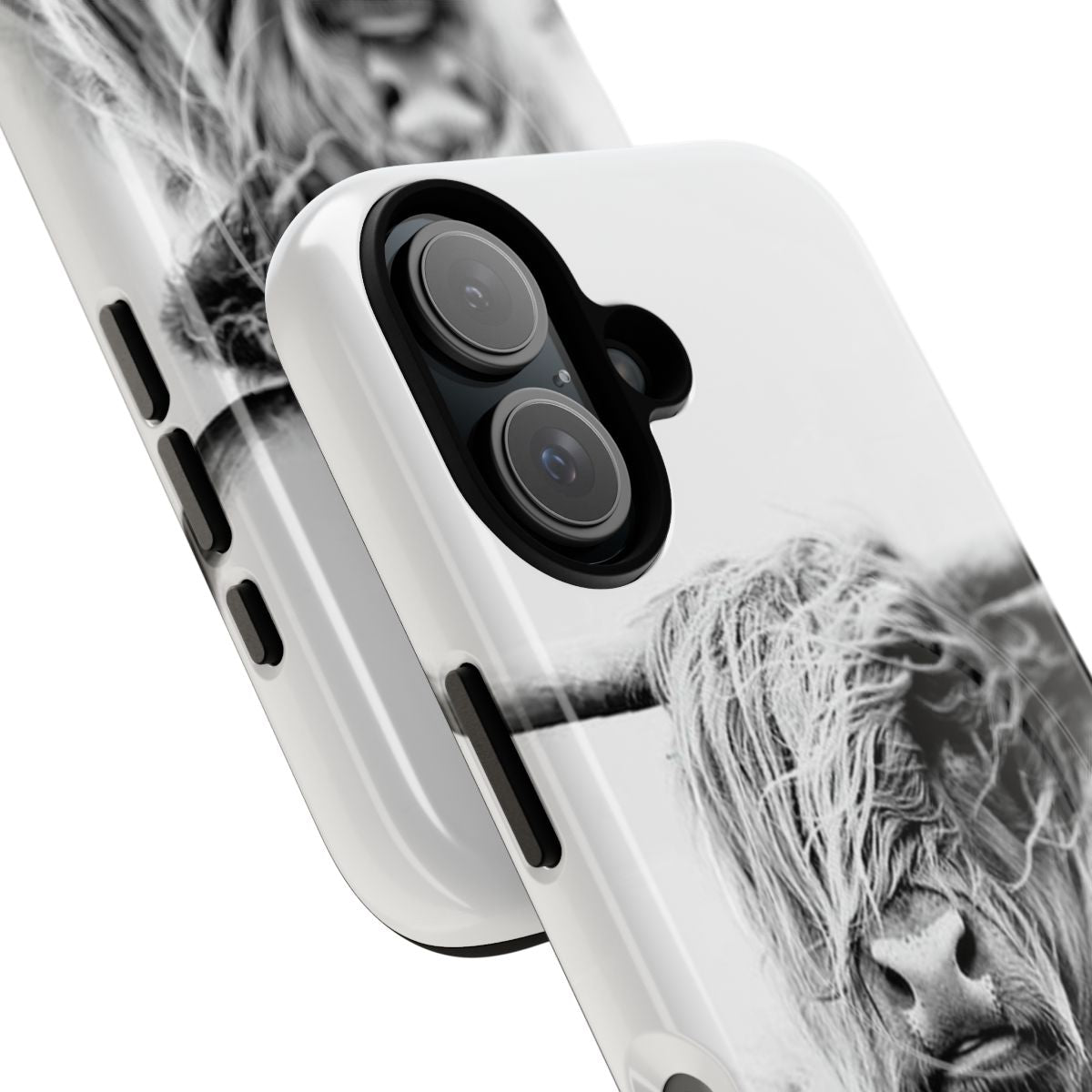 Magnetic tough phone case featuring a black and white highland cow graphic - Detail