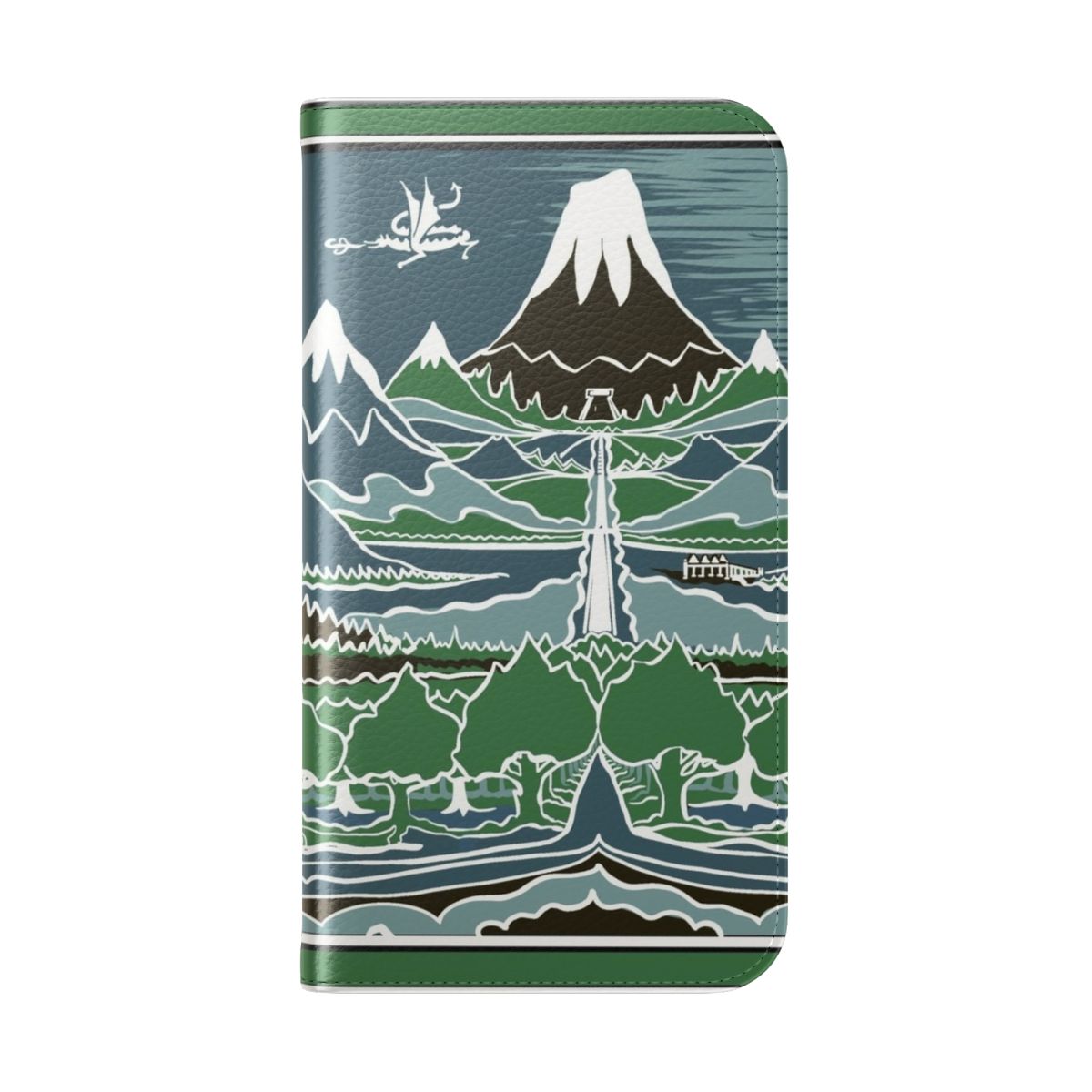 A flip cover phone case featuring a forest mountain path in the style of J.R.R. Tolkien's Middle-earth fantasy world. - Folded Back