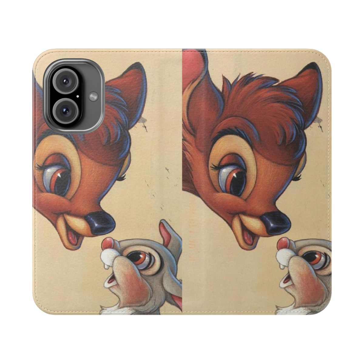 Flip cover phone case featuring a sweet illustration of Bambi the fawn and Thumper the rabbit in a natural setting.