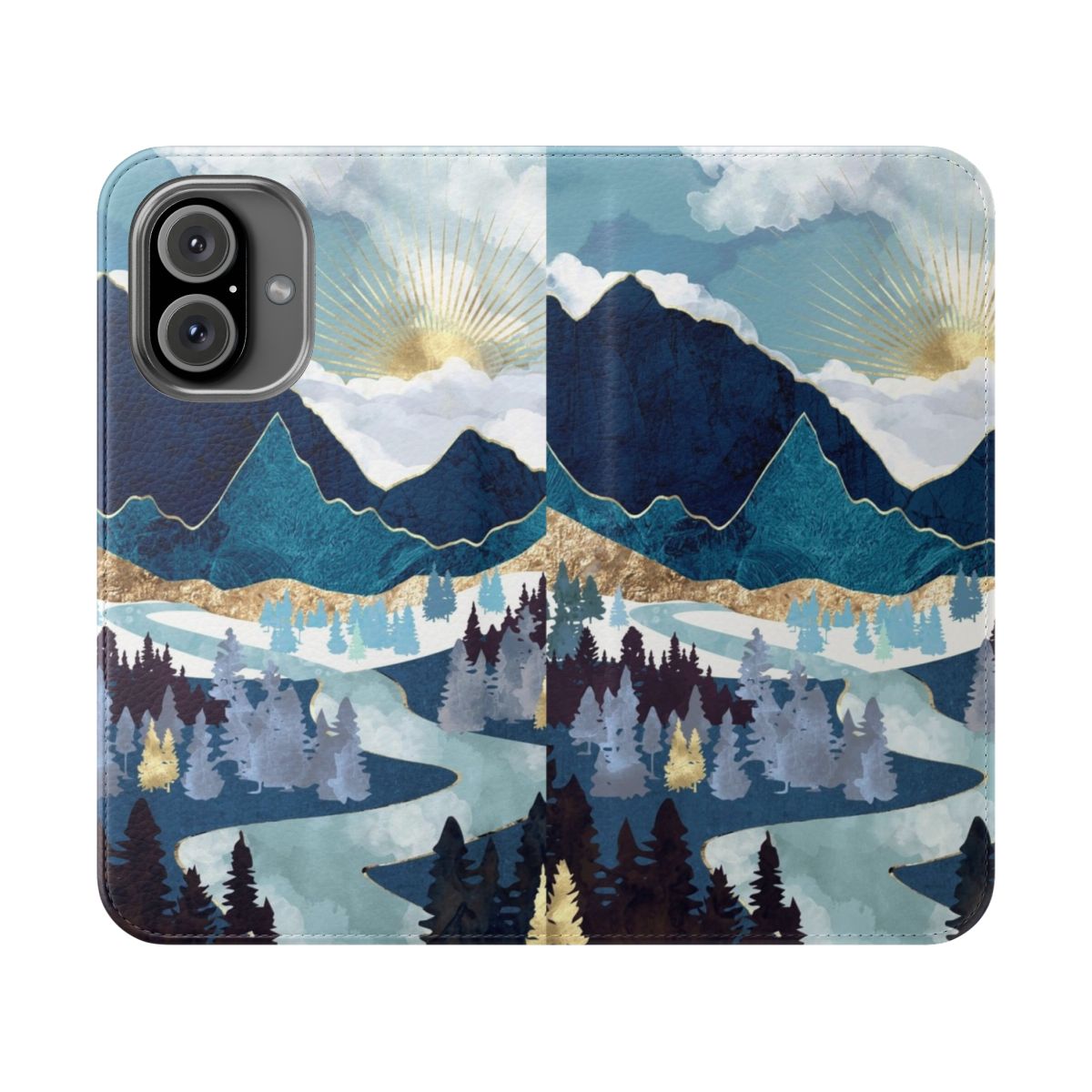 A vibrant and scenic phone case featuring a serene valley sunrise landscape design.