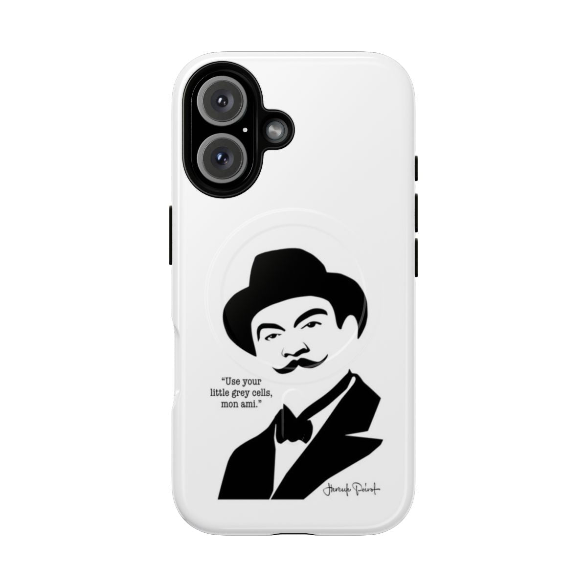 Hercule Poirot inspired magnetic tough phone case with a quote about using your "little grey cells"