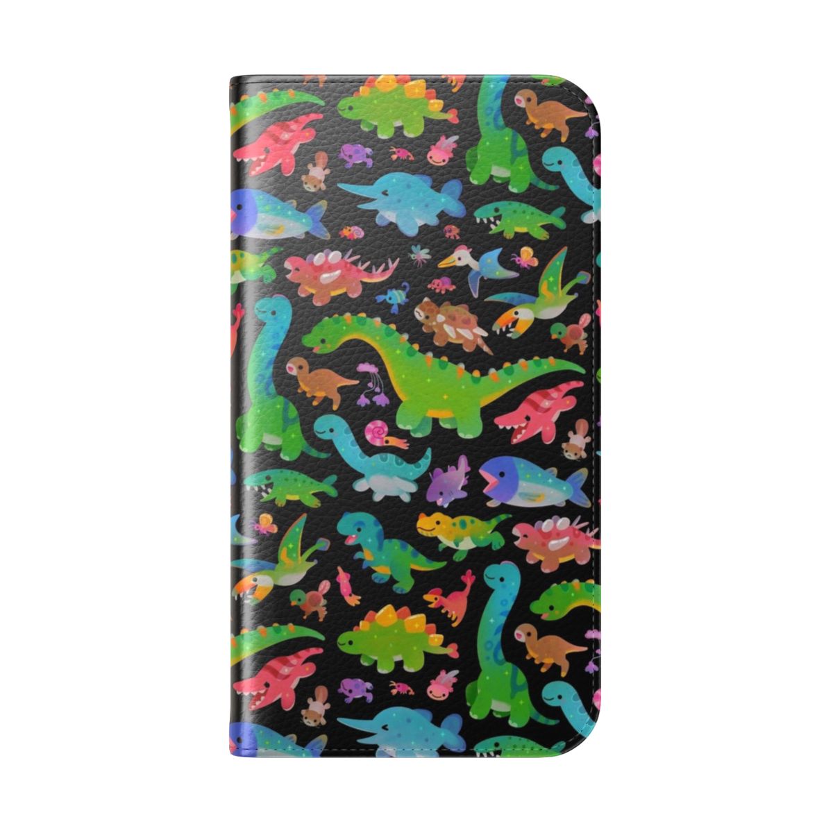 Jurassic dinosaur-themed phone case featuring various prehistoric life such as Allosaurus, Brachiosaurus, and Stegosaurus. - Folded Back