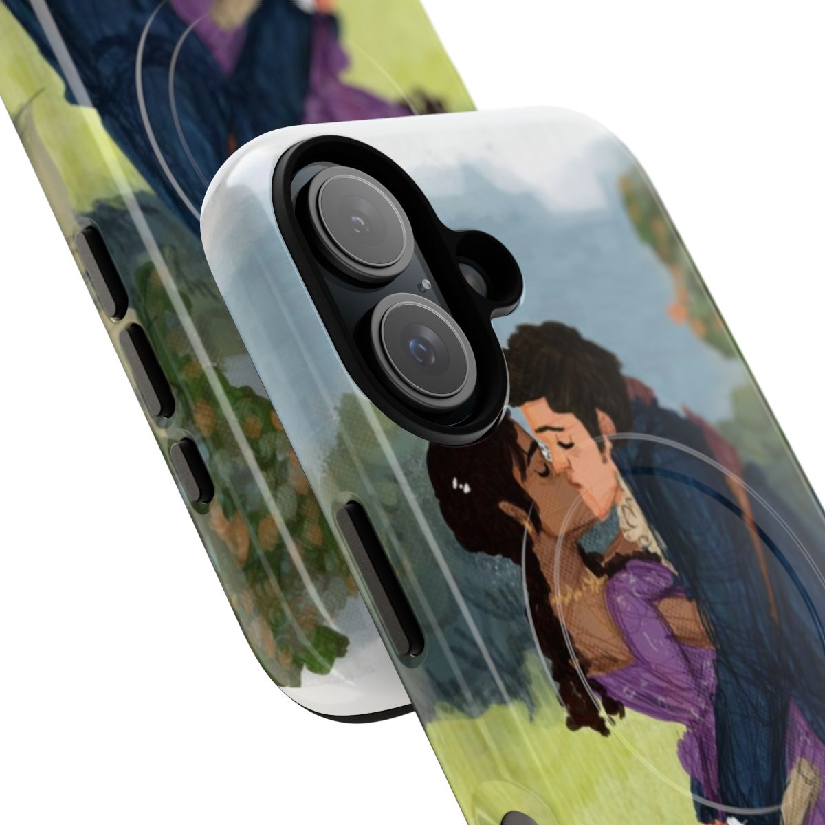 Bridgerton-inspired phone case featuring a cartoon couple kissing - Detail