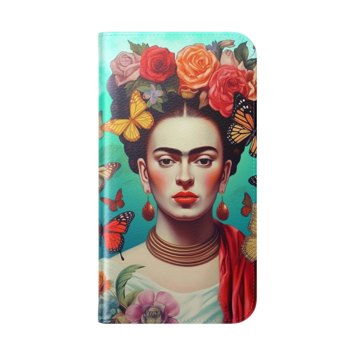 Artistic phone case featuring a portrait of Frida Kahlo, the renowned Mexican artist and feminist icon. - Folded Back