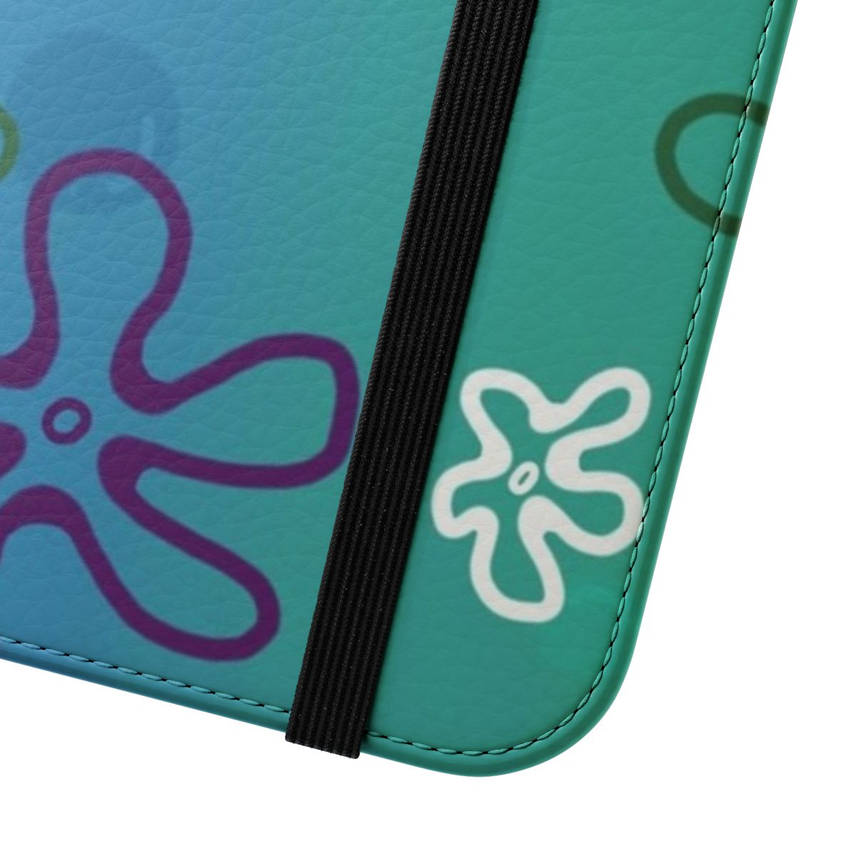 Vibrant blue and purple floral phone case with a spongebob inspired design - Close Up