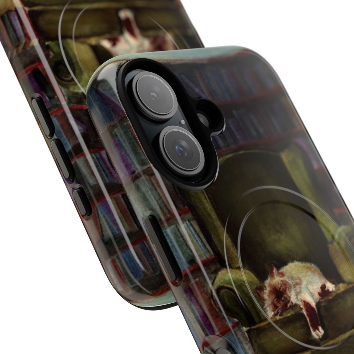 Image of a magnetic tough phone case featuring a cute sleeping cat in a vintage watercolor style - Detail