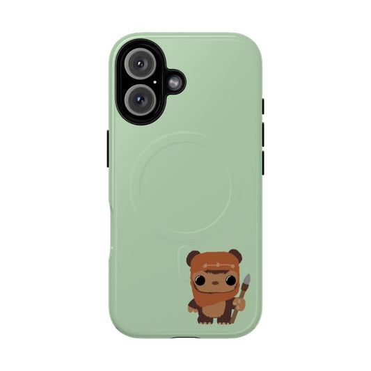 A green protective phone case with an Ewok design, inspired by the Star Wars universe.