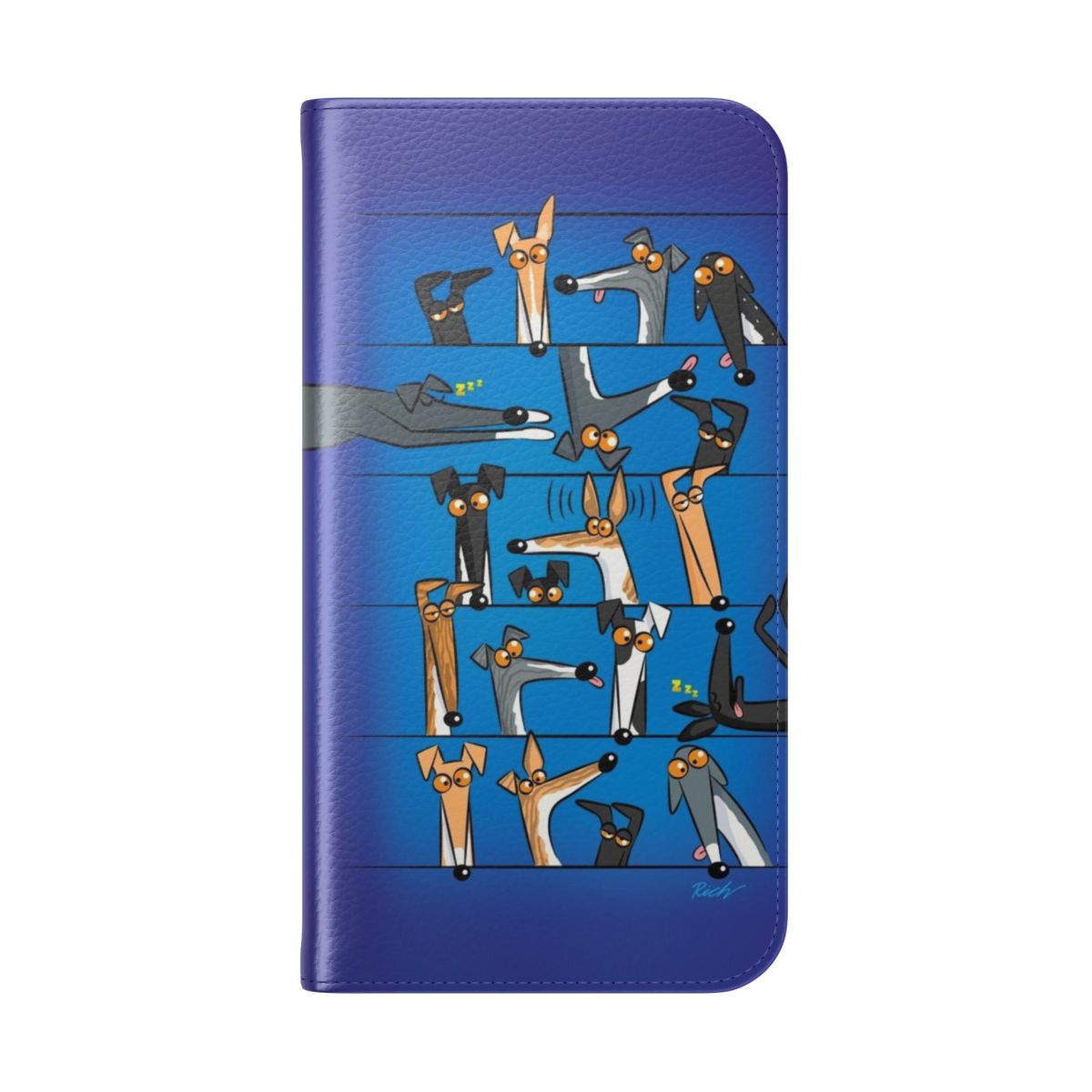 Flip cover phone case featuring a cute cartoon greyhound design - Folded Back