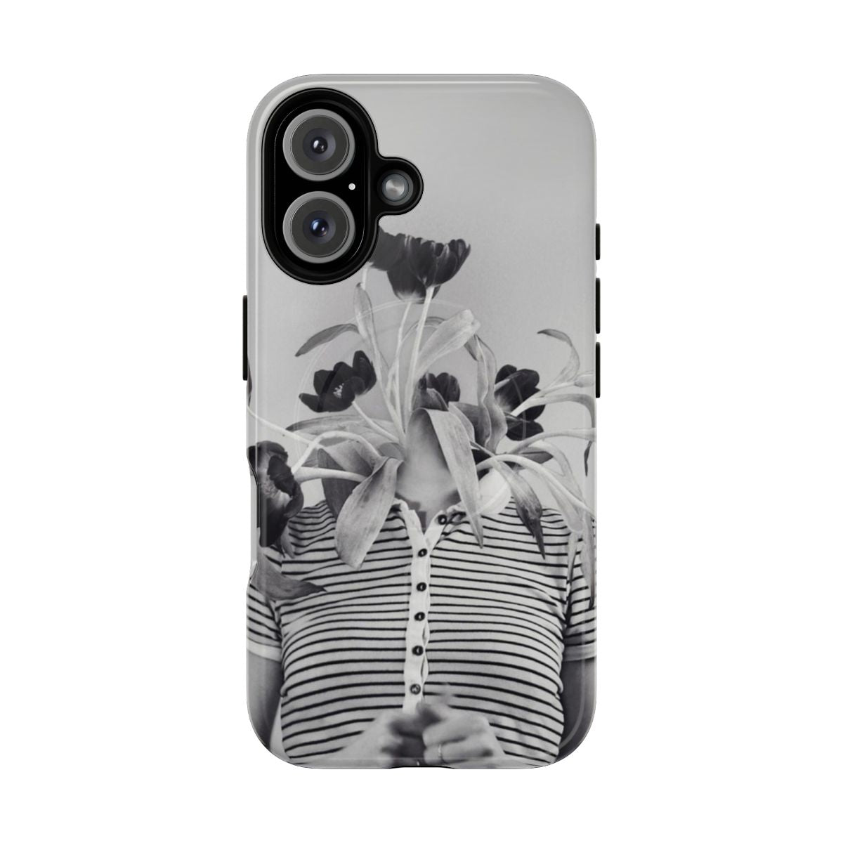 Artistic and vintage-inspired bloom floral phone case with tulips and surreal portrait design