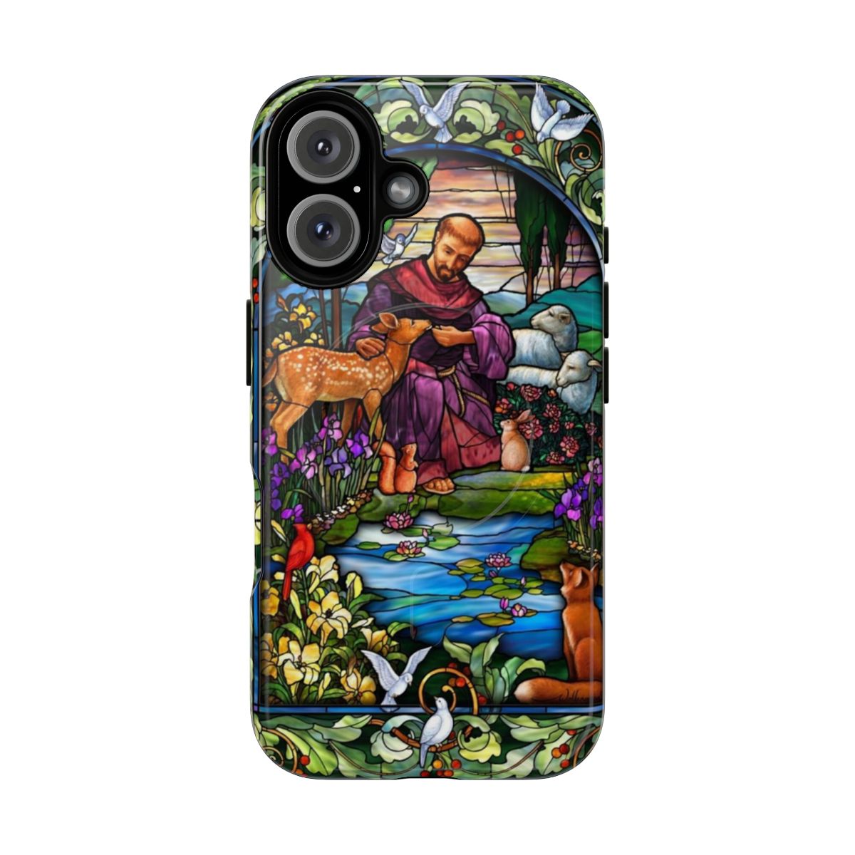 Stained glass phone case with franciscan inspired design featuring animals and nature elements