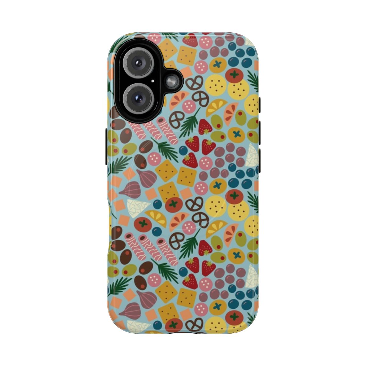 A colorful and modern phone case featuring a repeating pattern of charcuterie items, fruits, and vegetables.