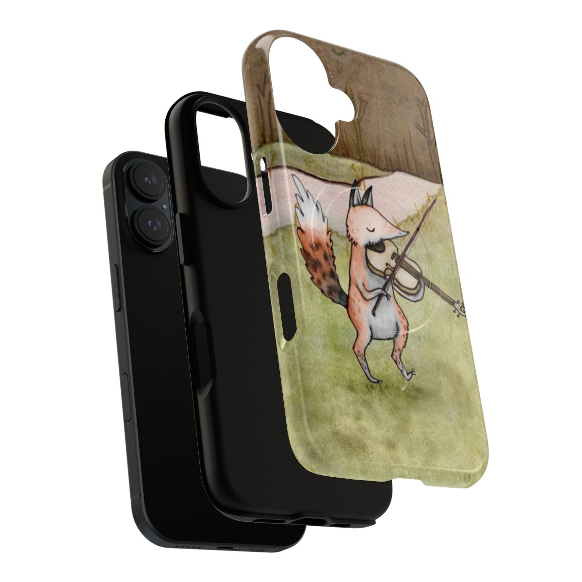 A protective phone case featuring a cute fox playing a violin, designed for music and animal lovers. - Layers