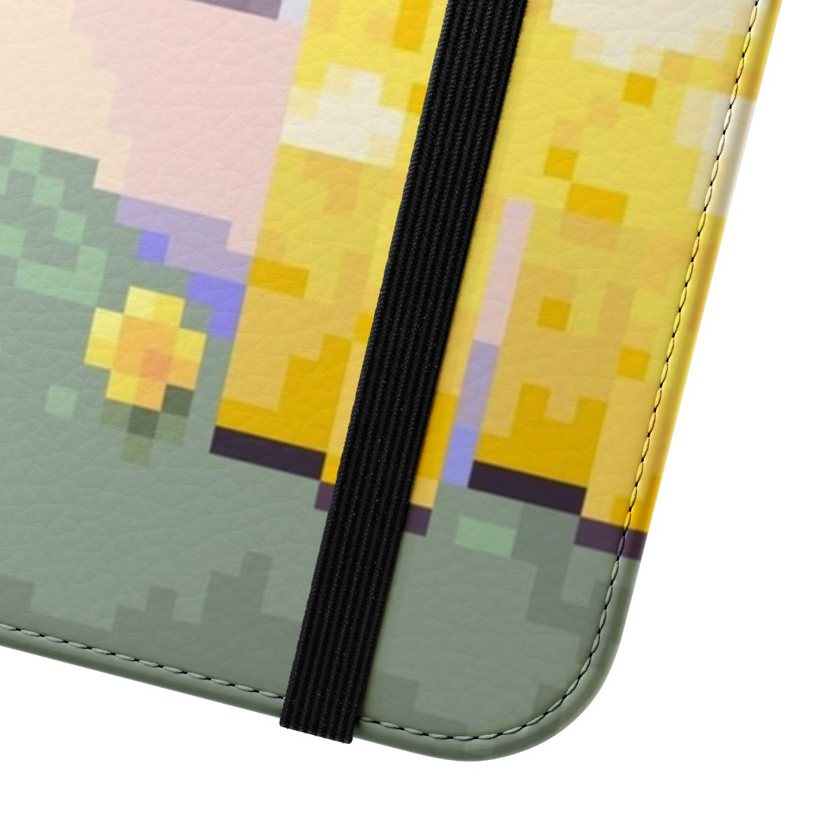 Pastel-colored Minecraft Moobloom and Bee design on a flip cover phone case - Close Up