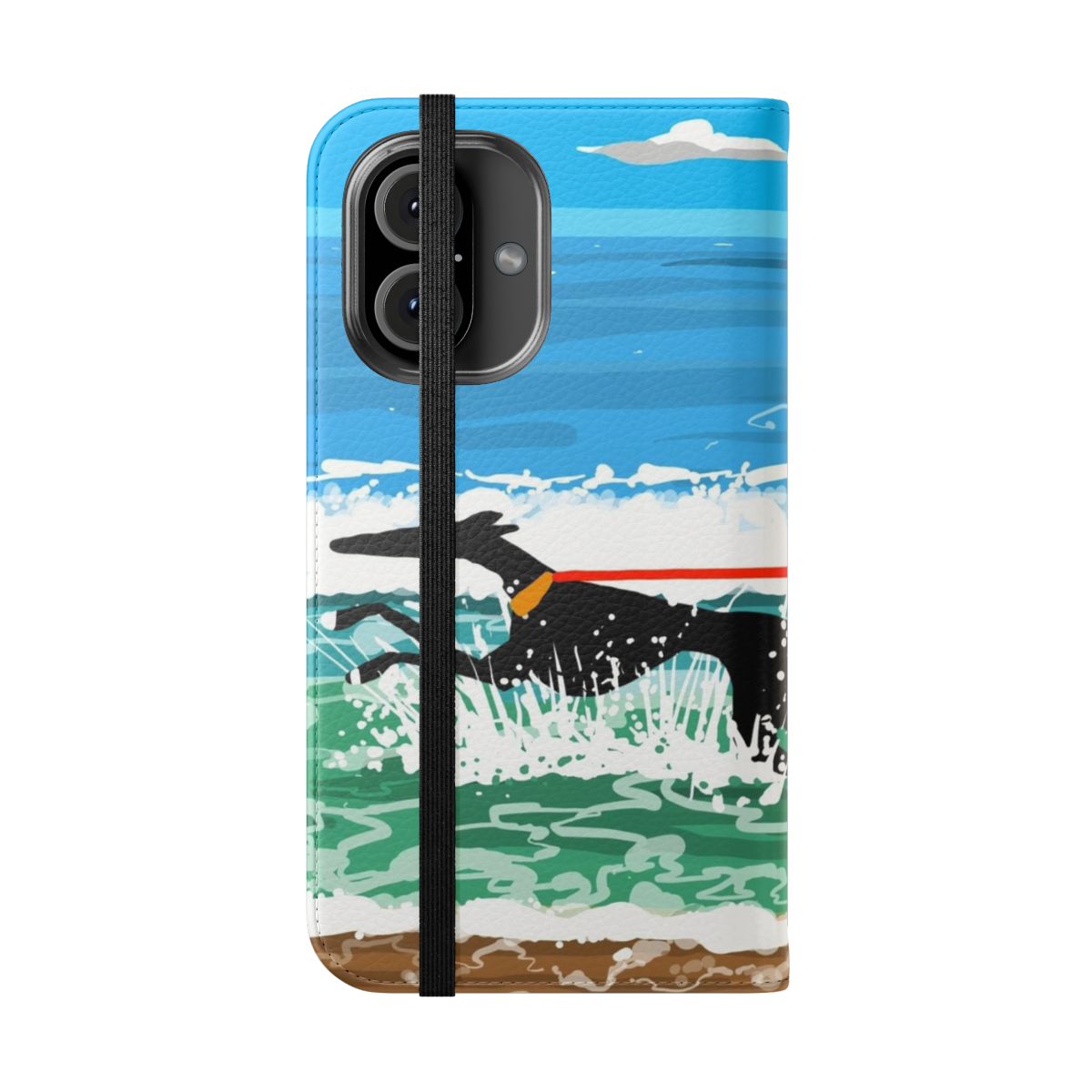 Image of a phone case featuring greyhounds, whippets, or lurchers running in the sea with waves and flowers. - Folded Front