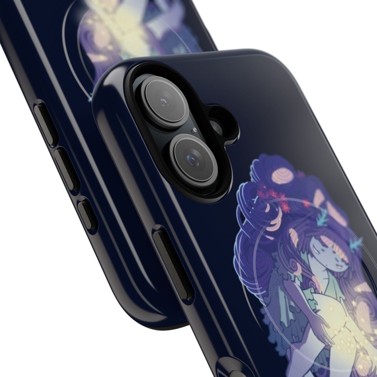 Enchanting fantasy art phone case with blue fairy, magic cartoon, and magical girl design - Detail