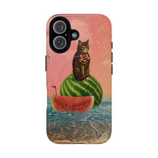 Magnetic and tough phone case featuring a collage design with a cat, ocean, beach, nature, and sky elements.