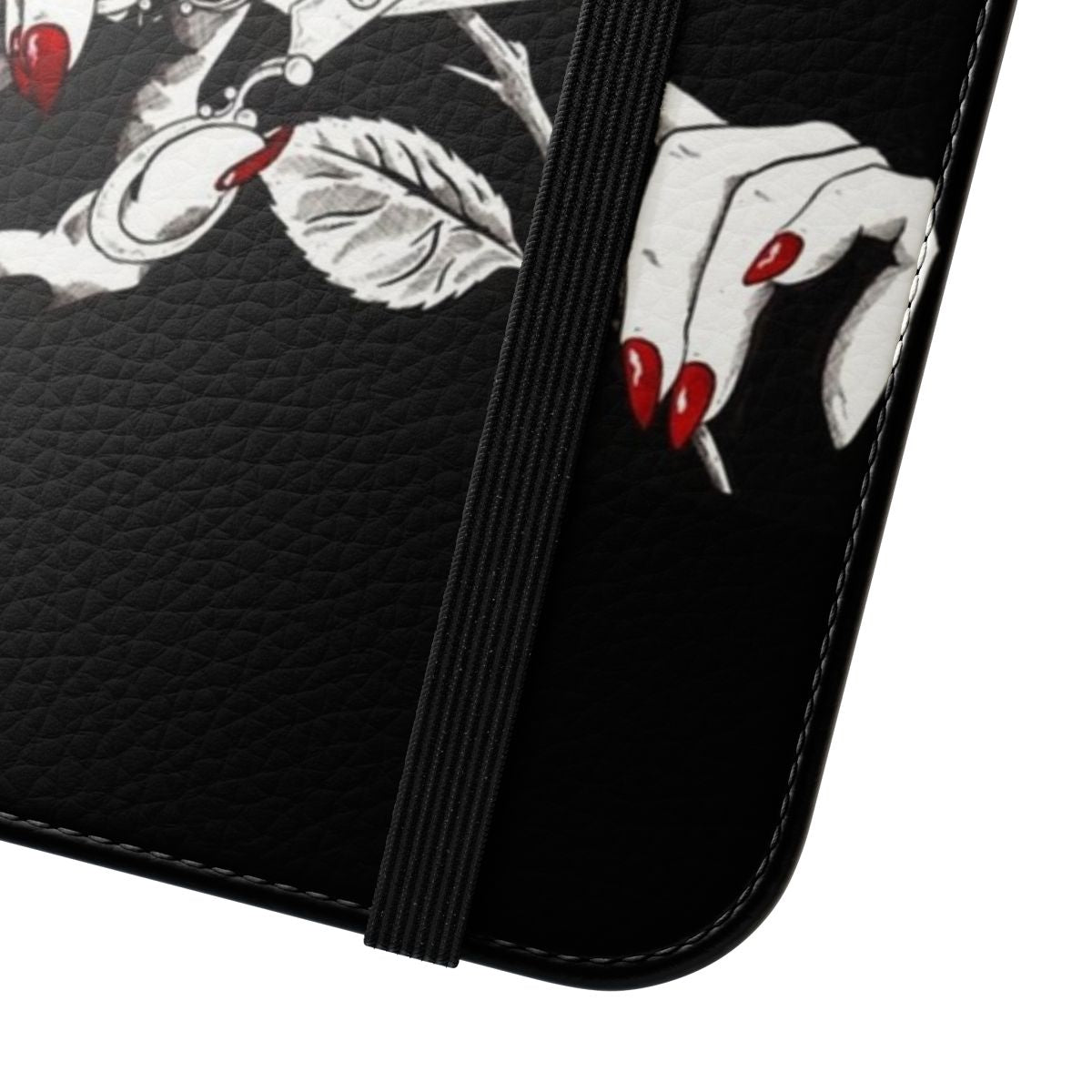 Addams Family inspired flip cover phone case with gothic, dark, and macabre design elements. - Close Up