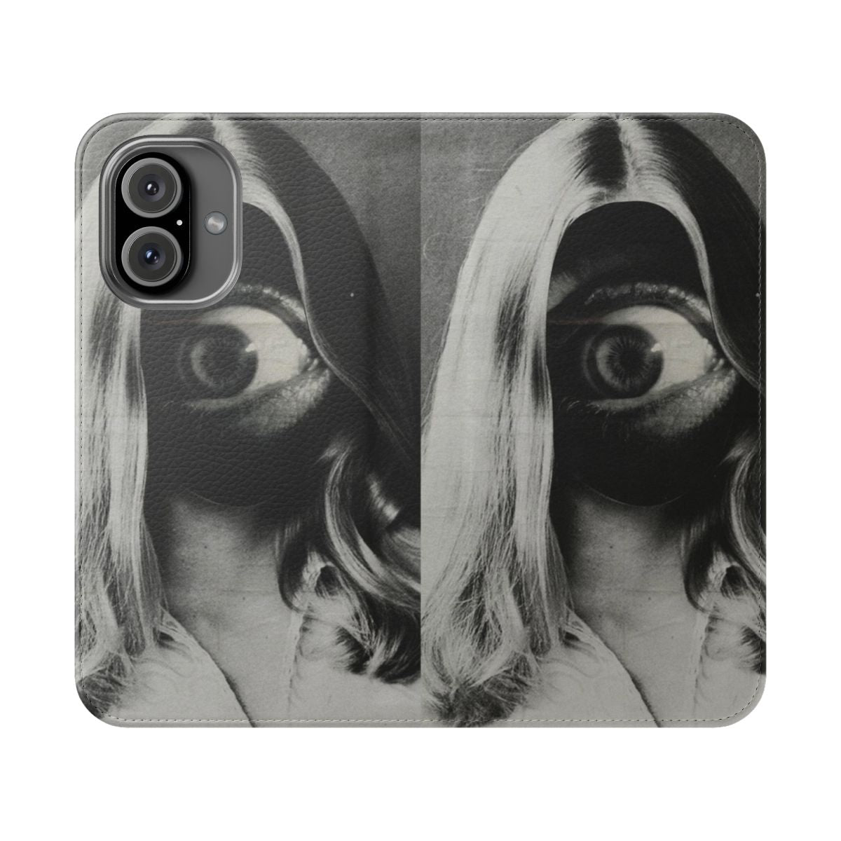 Surreal and creepy phone case cover featuring an unsettling vintage-style collage design with eyes and a woman's face.