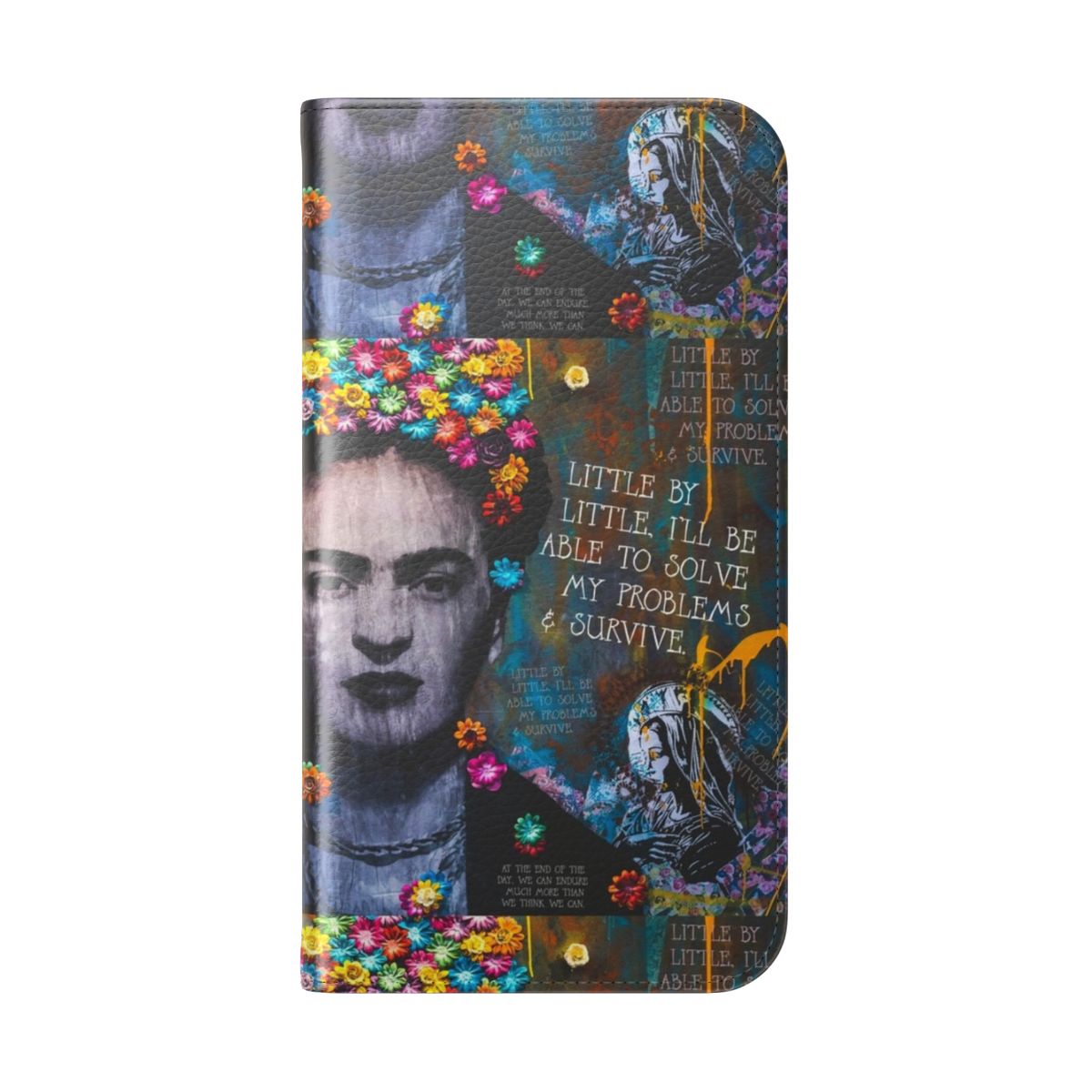 Frida Kahlo inspired flip cover phone case with motivational and resilience-focused design - Folded Back