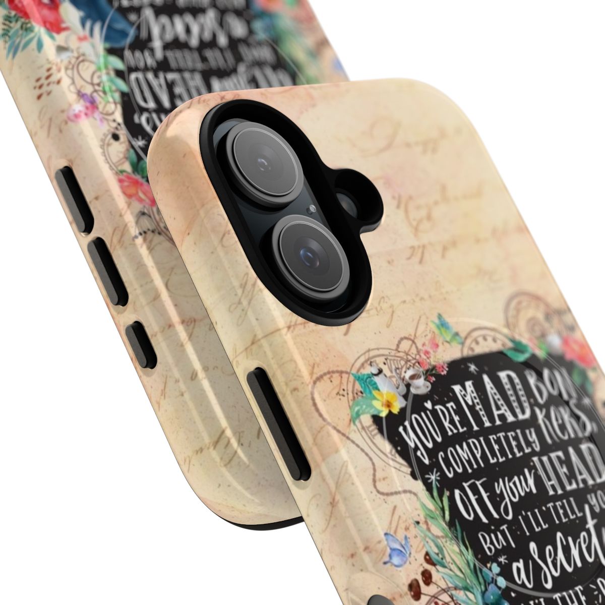 Whimsical fantasy phone case with Alice in Wonderland-inspired Mad Hatter, floral, and steampunk designs. - Detail