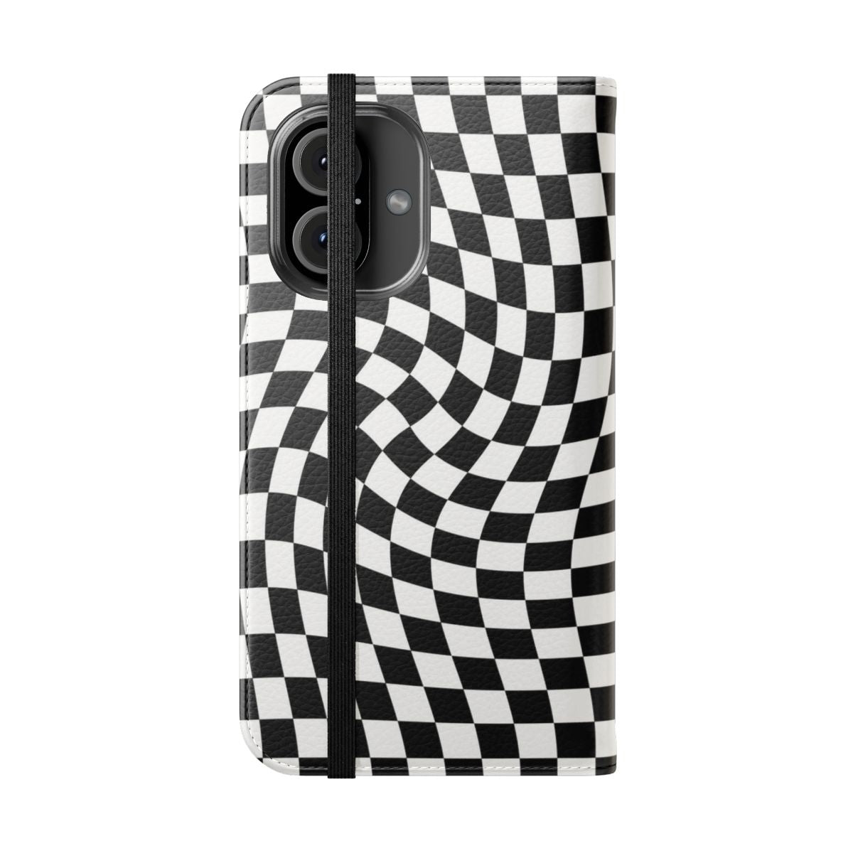 A black flip phone case with a retro checkered pattern design - Folded Front