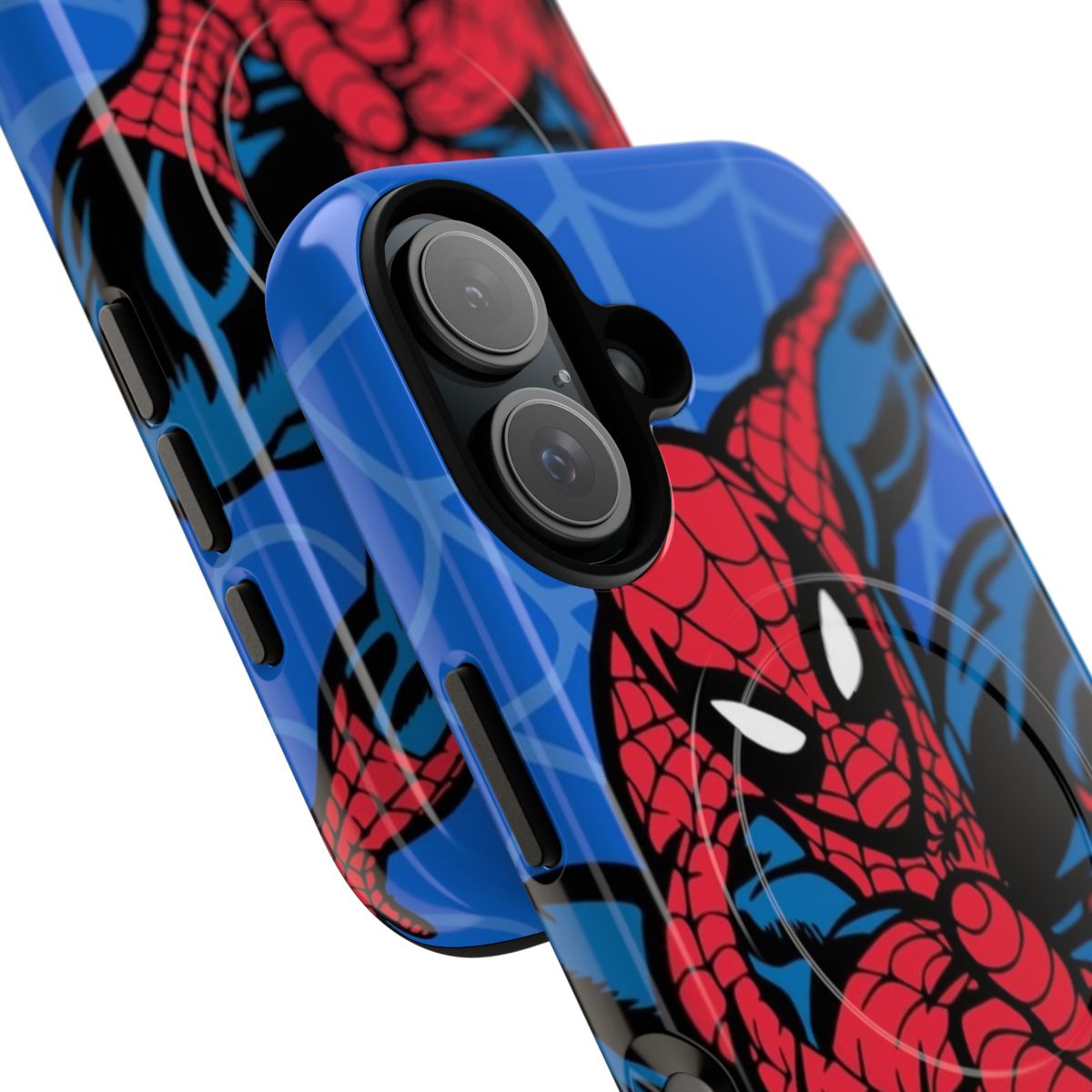 A red and blue spider-themed magnetic tough phone case with a superhero design. - Detail