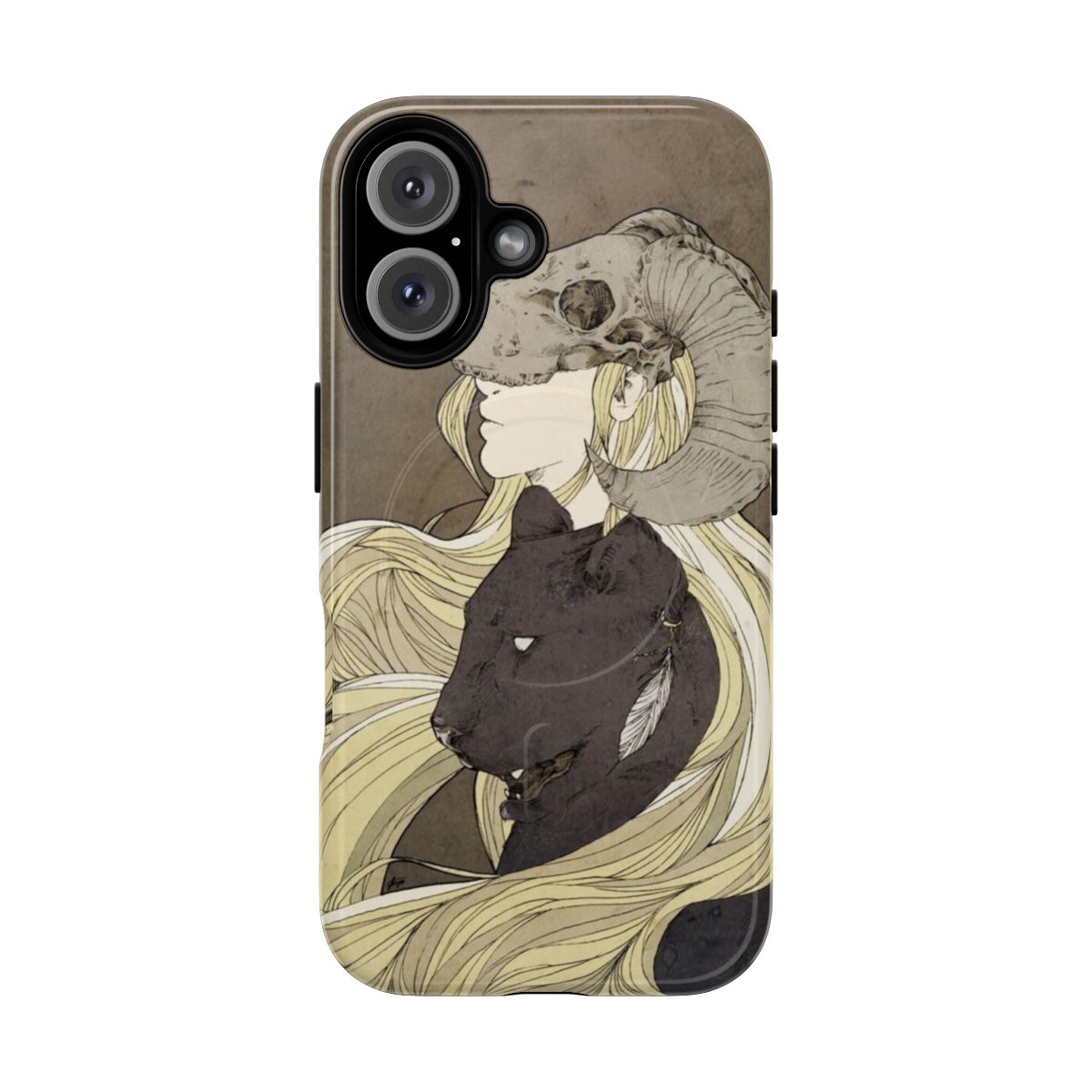 Dreamcatcher-inspired monochrome phone case with gothic elements like skulls and a woman's face