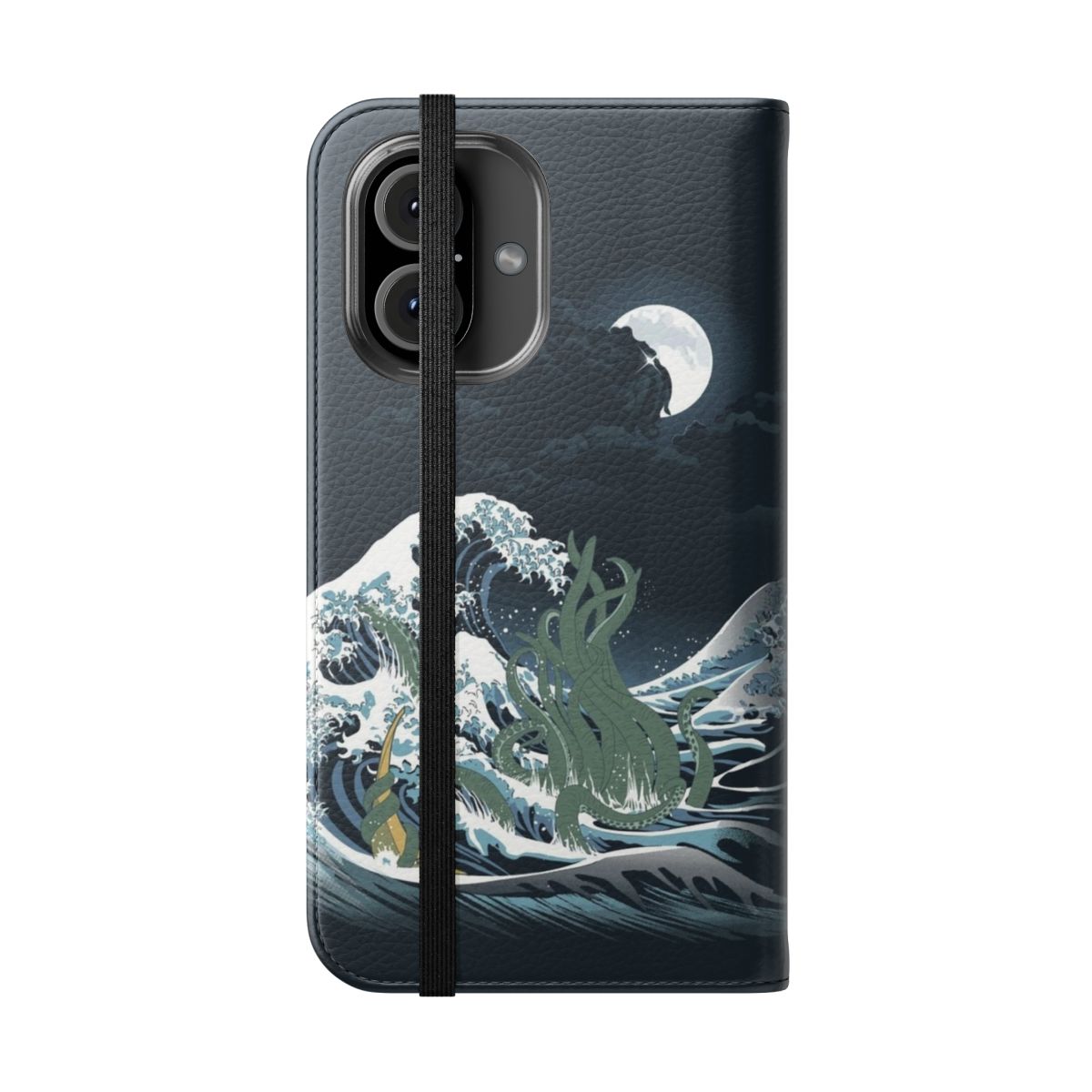 Flip cover phone case featuring a stylized Japanese wave art design inspired by the writings of H.P. Lovecraft and the Cthulhu Mythos. - Folded Front