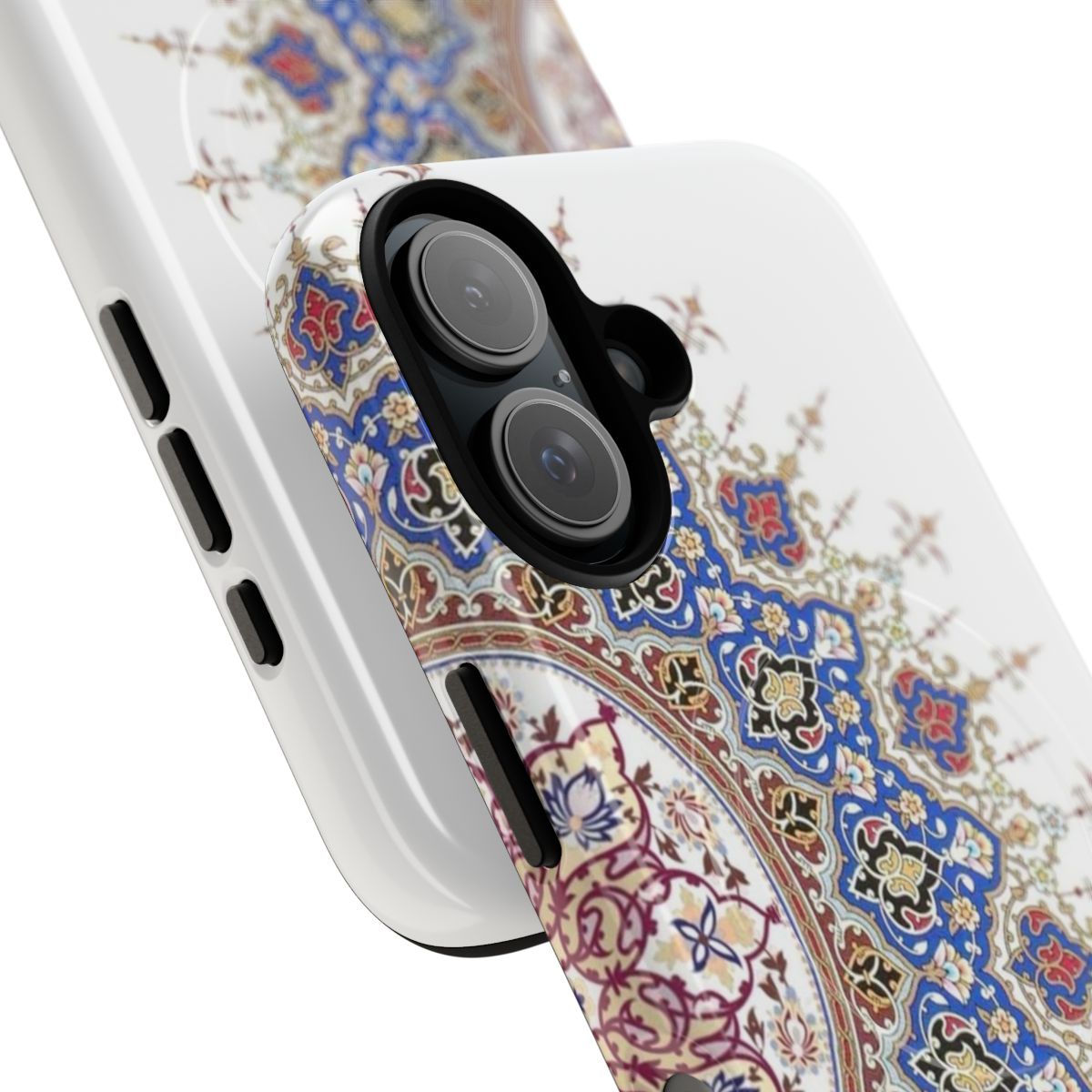 Stylish phone case featuring a vibrant Islamic-inspired design with arabesque patterns and geometric shapes in shades of blue. - Detail