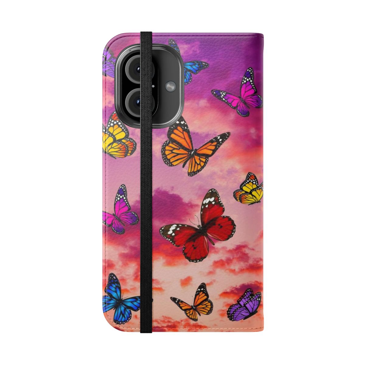 Colorful butterfly design on a flip cover phone case against a pastel sky background - Folded Front