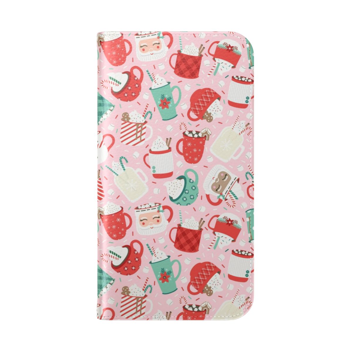 Festive flip cover phone case featuring a pink, cocoa-inspired design with Christmas elements like snowman, sprinkles, and marshmallows. - Folded Back